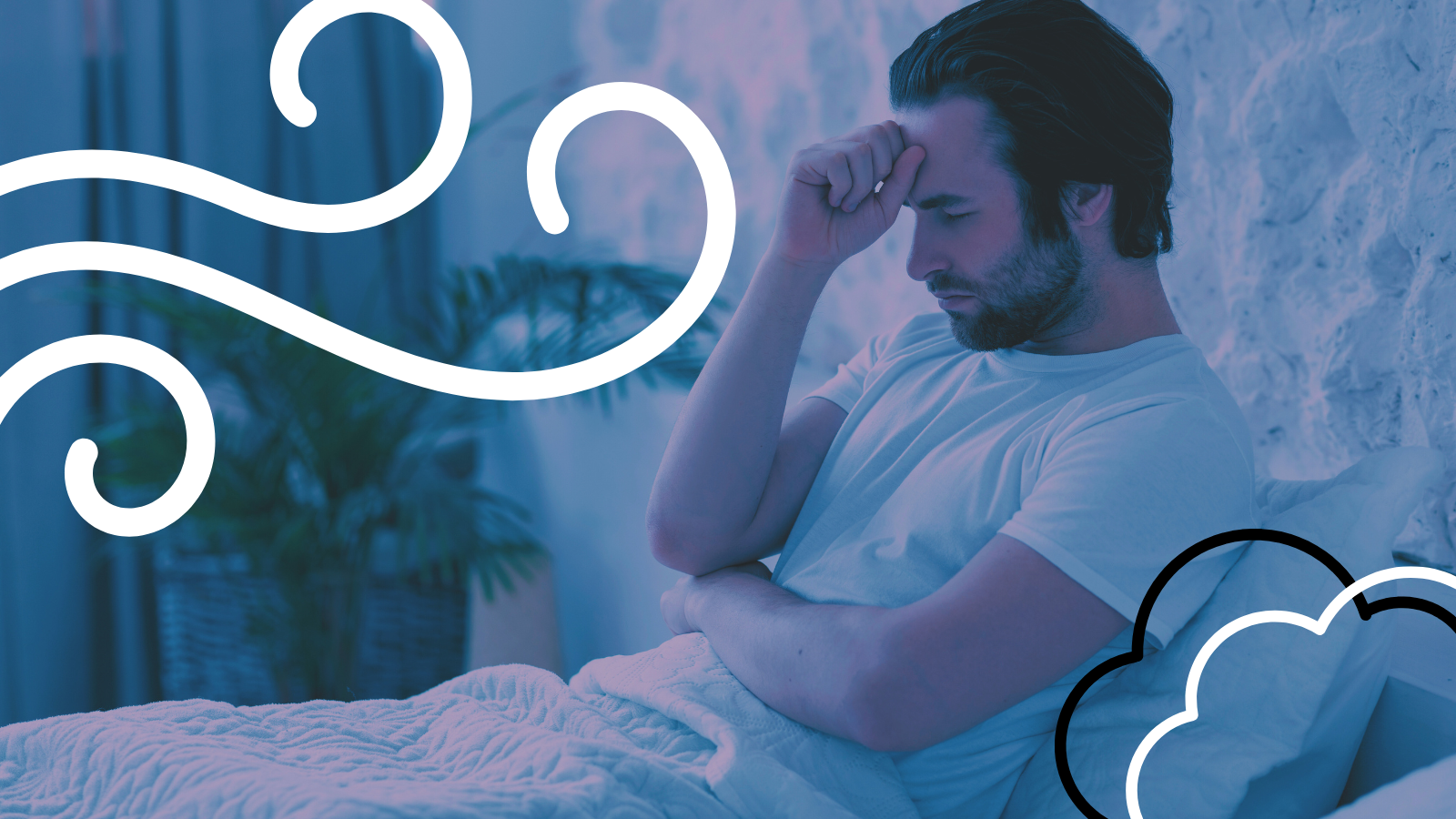 Man awake in bed, unable to rest due to overthinking